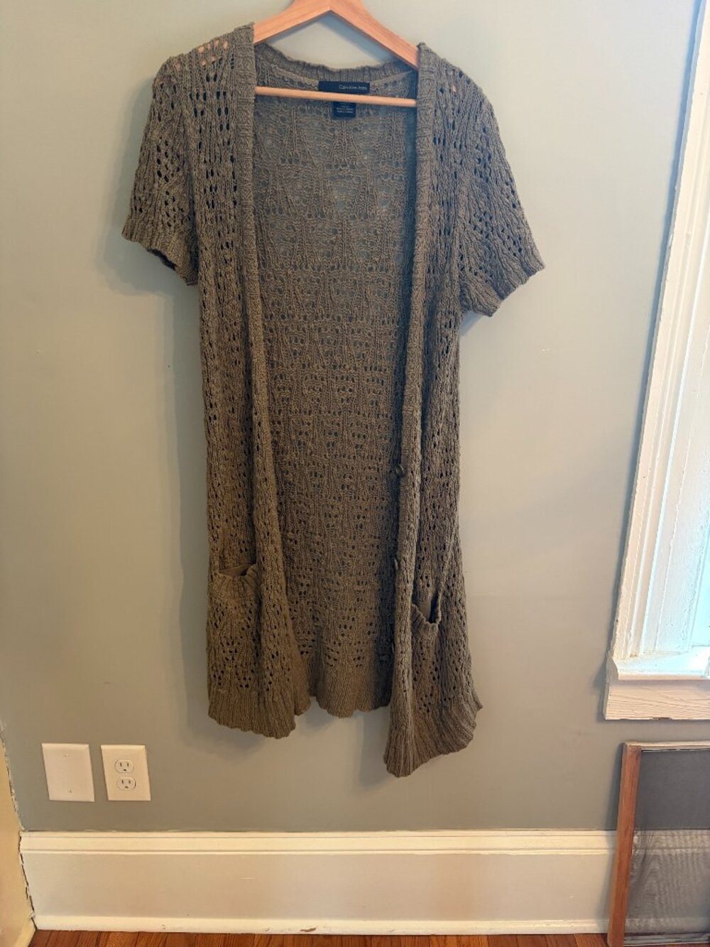 Calvin Klein Jeans Olive Green Long Cotton Short Sleeve Cardigan - L